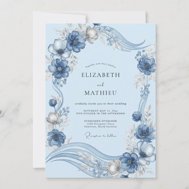 Convite Casamento de Peônia Azul Suave (Frente)