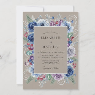 Convite Casamento de Peônia Bege Azul-marinho