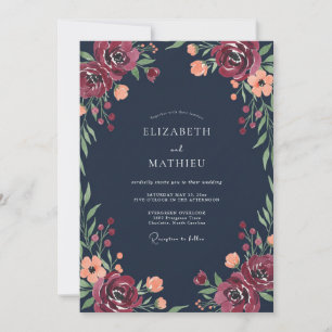 Convite Casamento de Peônia Burgundy Navy