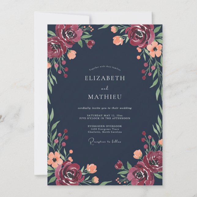 Convite Casamento de Peônia Burgundy Navy (Frente)