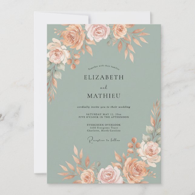 Convite Casamento de Peônia Celadão Empoeirado (Frente)