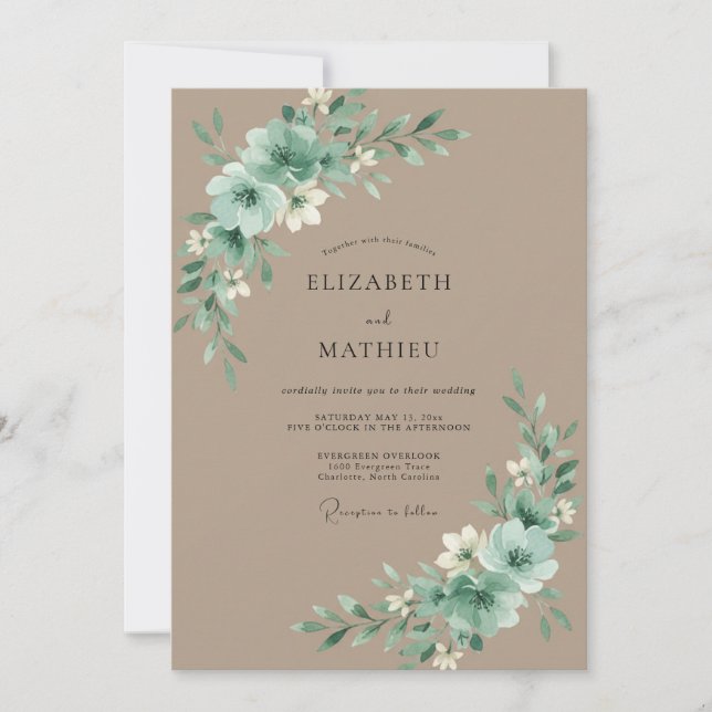 Convite Casamento de Peônia Celadon Bege (Frente)