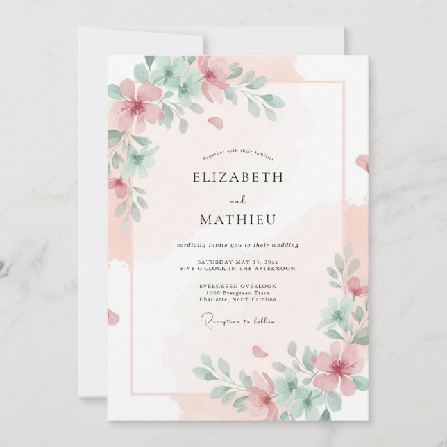 Convite Casamento de Peônia Celadon Blush (Frente)
