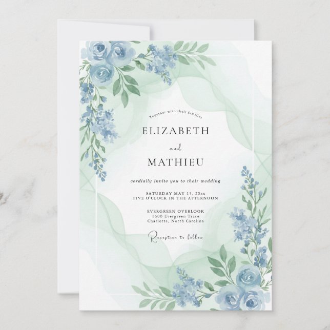 Convite Casamento de Peônia Celadon Periwinkle (Frente)