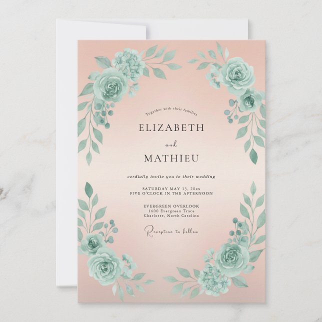 Convite Casamento de Peônia Celadon Pêssego (Frente)