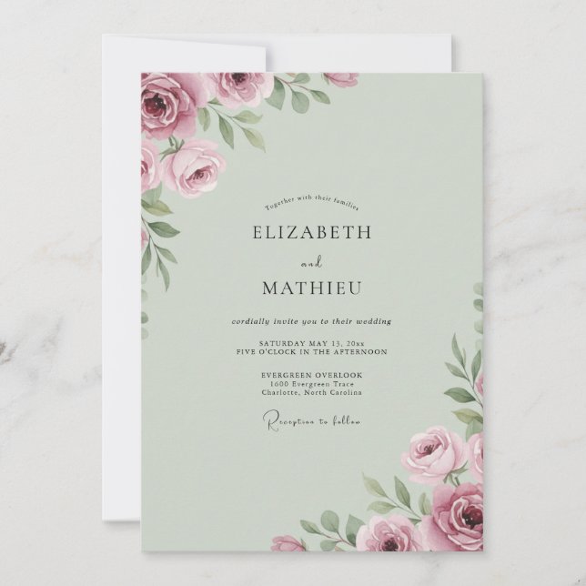 Convite Casamento de Peônia Celadon Rosa Empoeirado (Frente)