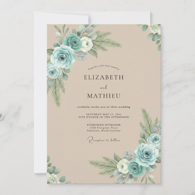 Convite Casamento de Peônia Champagne Aqua (Frente)