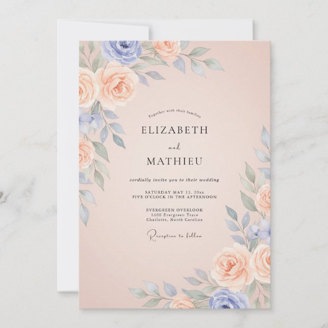 Convite Casamento de Peônia Champanhe Azul-Marinho (Frente)