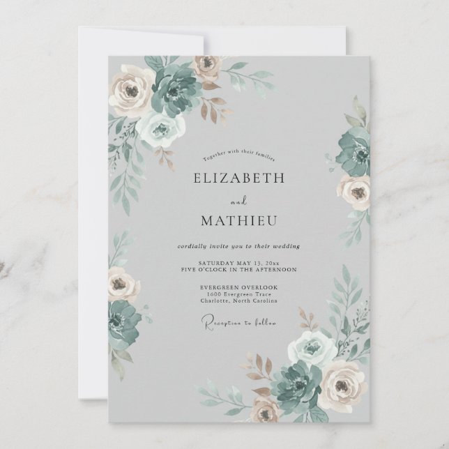 Convite Casamento de Peônia Champanhe de Aço (Frente)