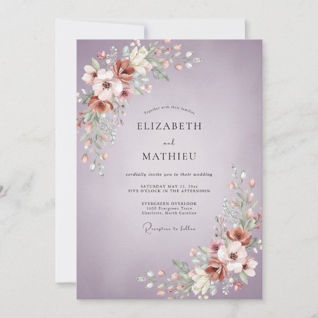 Convite Casamento de Peônia Cobre Malva (Frente)