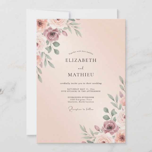 Convite Casamento de Peônia com Blush Rosa Poeira (Frente)