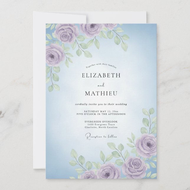 Convite Casamento de Peônia com Periwinkle Lavanda (Frente)