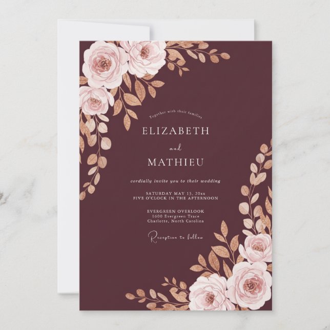 Convite Casamento de Peônia com Rosa Bege e Marrom (Frente)