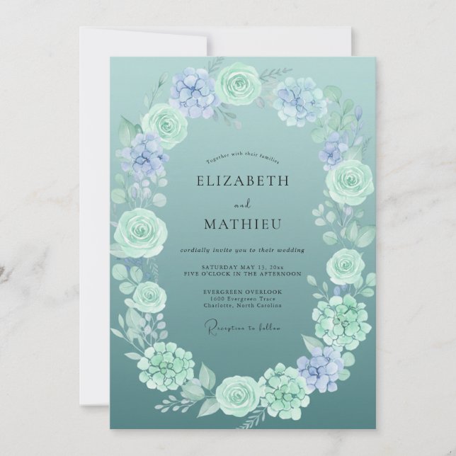 Convite Casamento de Peônia com Tons de Slate e Mint (Frente)