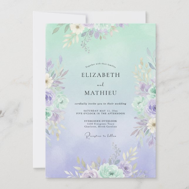 Convite Casamento de Peônia com Verde Água e Periwinkle (Frente)