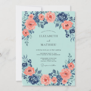 Convite Casamento de Peônia Coral Aqua Blush