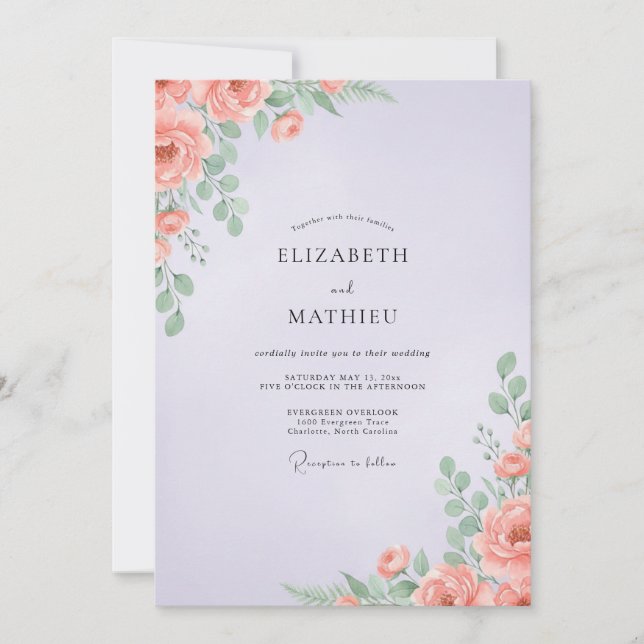 Convite Casamento de Peônia Coral Lilás (Frente)