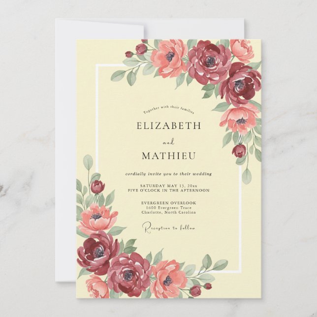 Convite Casamento de Peônia Coral Marrom (Frente)