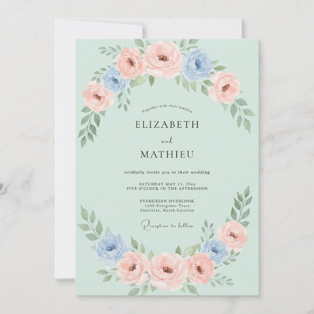 Convite Casamento de Peônia Coral Mint (Frente)