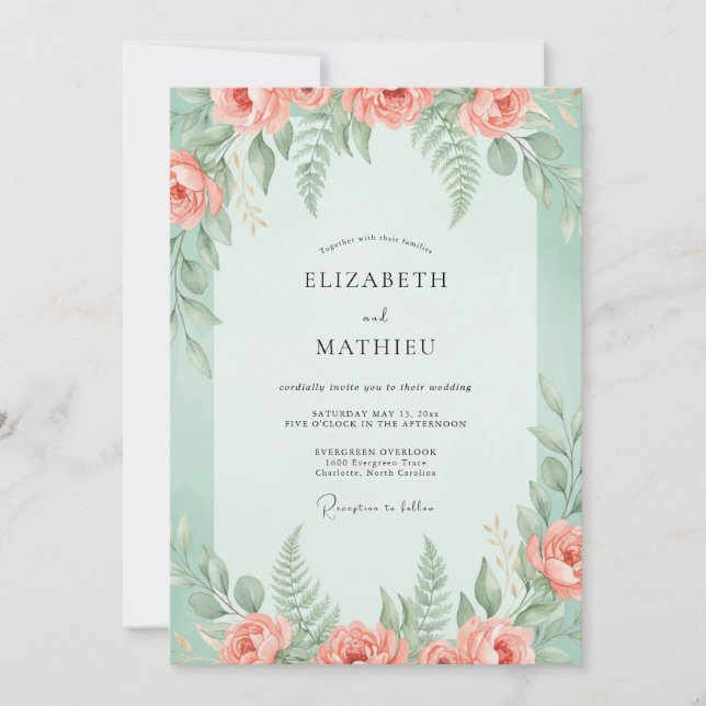 Convite Casamento de Peônia Coral Mint (Frente)