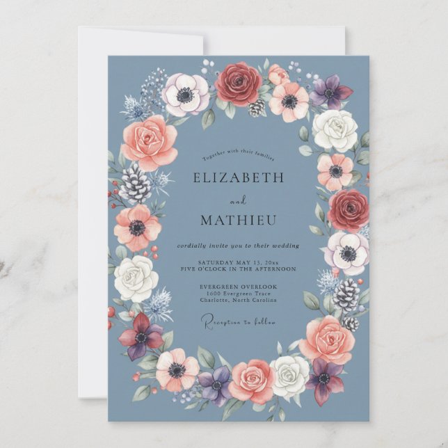 Convite Casamento de Peônia Coral Slate (Frente)