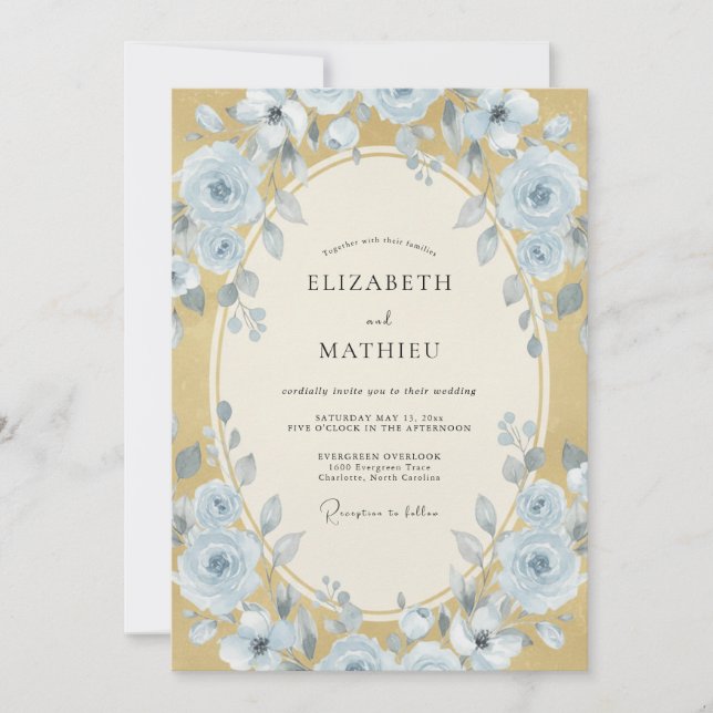 Convite Casamento de Peônia Cornflower Dourada (Frente)