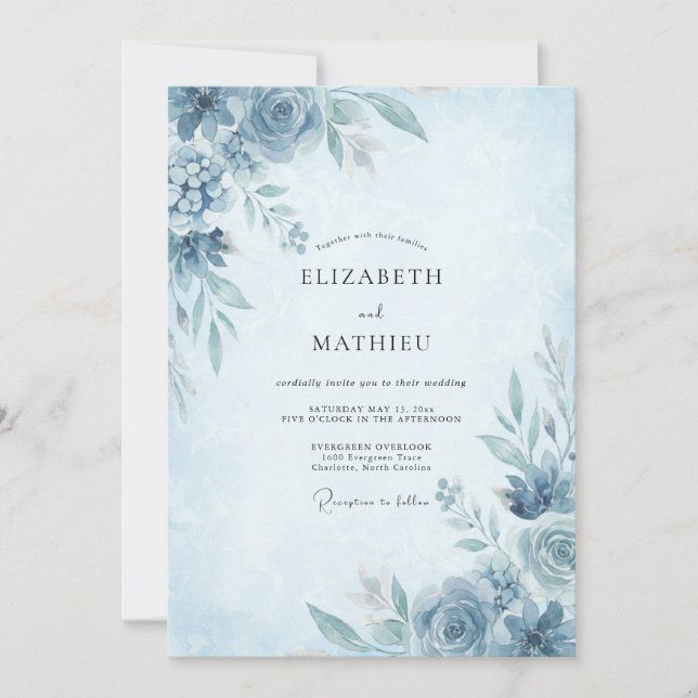Convite Casamento de Peônia Cornflower Slate (Frente)