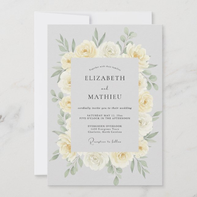 Convite Casamento de Peônia Creme Antigo Prata (Frente)