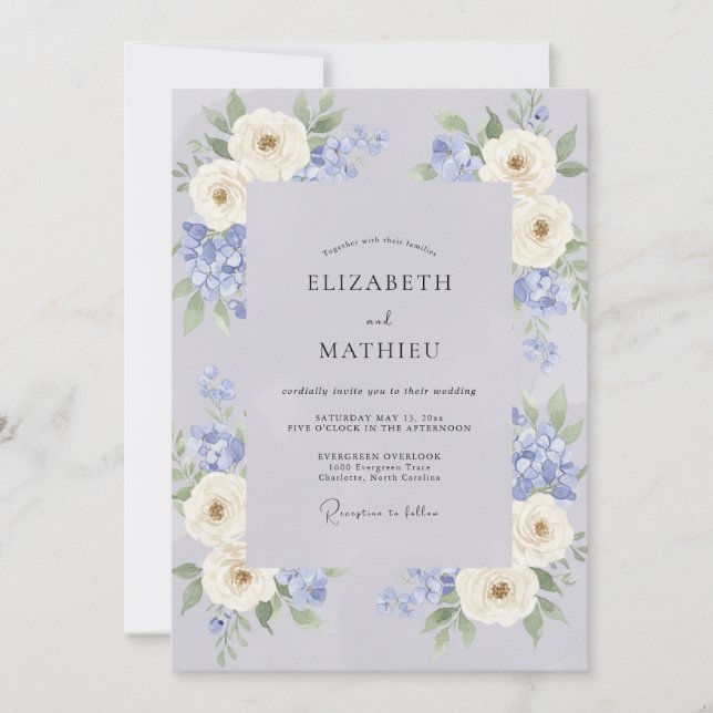 Convite Casamento de Peônia Creme Azul-Marinho (Frente)