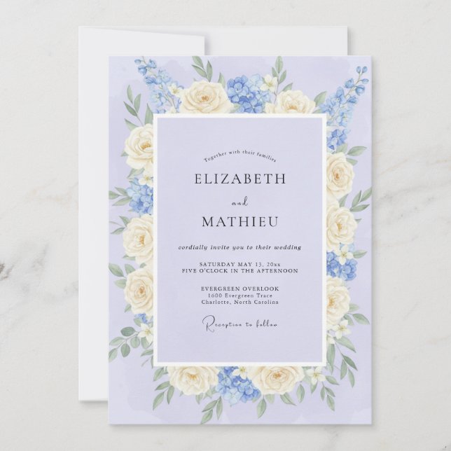 Convite Casamento de Peônia Creme Celeste (Frente)
