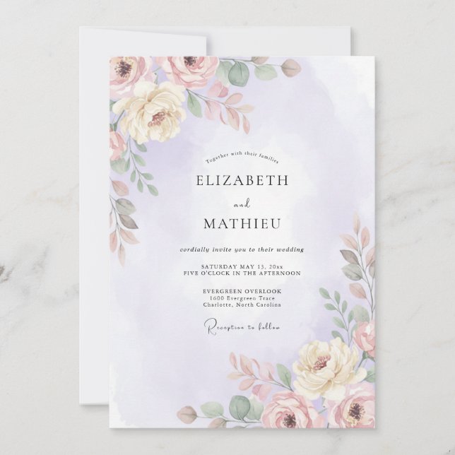 Convite Casamento de Peônia Creme Lilás (Frente)