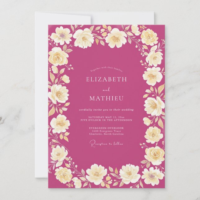 Convite Casamento de Peônia Creme Magenta (Frente)