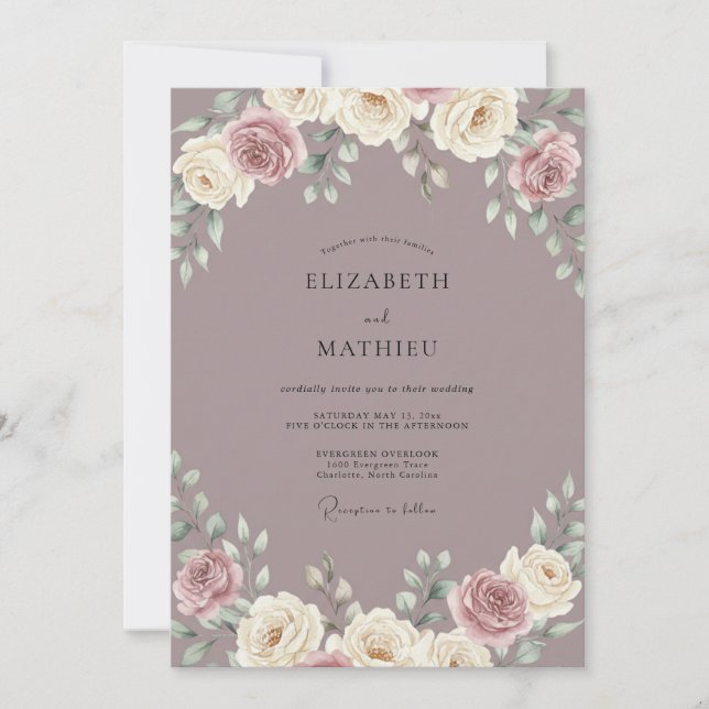 Convite Casamento de Peônia Creme Malva (Frente)