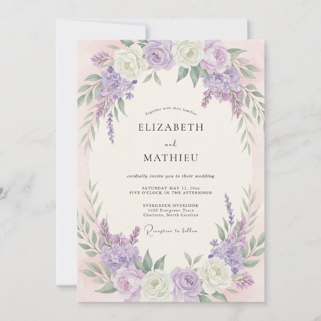 Convite Casamento de Peônia Creme Quente Lilás (Frente)