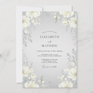 Convite Casamento de Peônia Creme Quente Prata