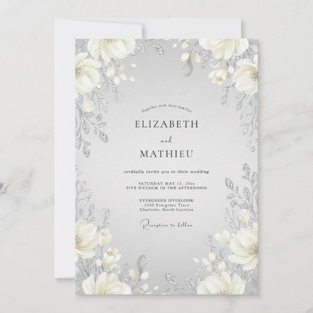 Convite Casamento de Peônia Creme Quente Prata (Frente)