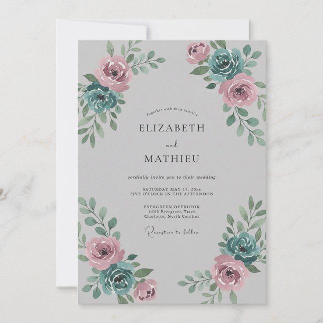 Convite Casamento de Peônia de Aço Rosa Empoeirado (Frente)
