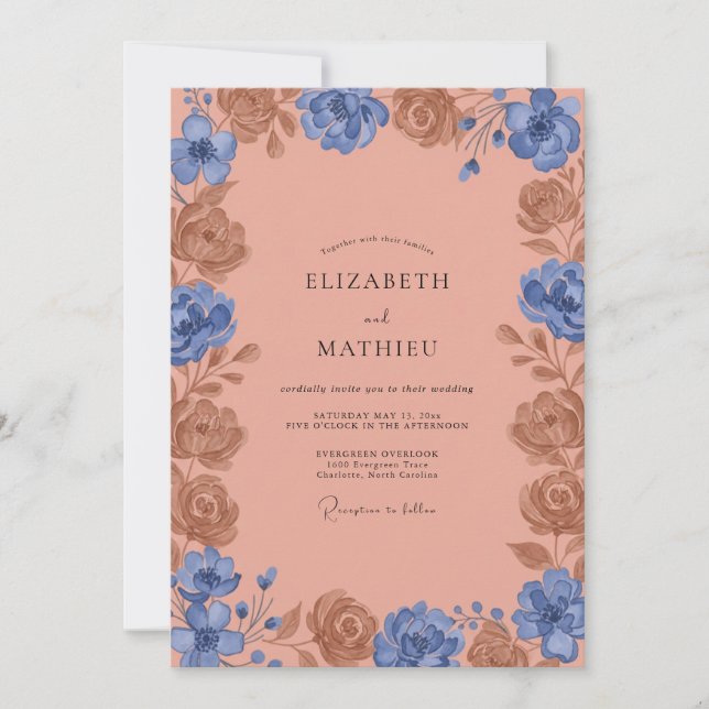 Convite Casamento de Peônia de Argila Azul-Marinho (Frente)