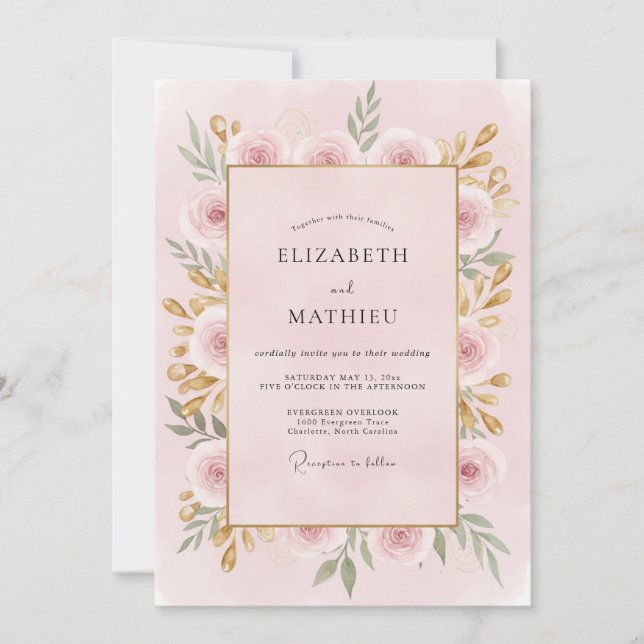 Convite Casamento de Peônia Dourada com Rosa Suave (Frente)