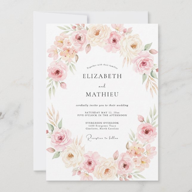 Convite Casamento de Peônia Dourada de Champanhe Suave (Frente)
