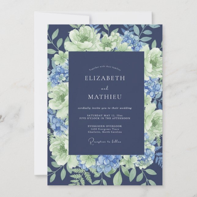 Convite Casamento de Peônia Hydrangea Índigo (Frente)