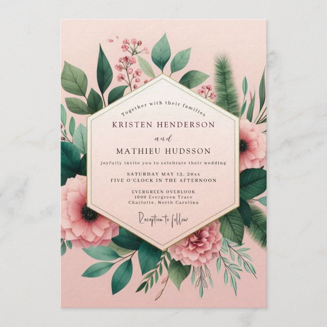 Convite Casamento de Peônia Ilustrativa Rosa (Frente)