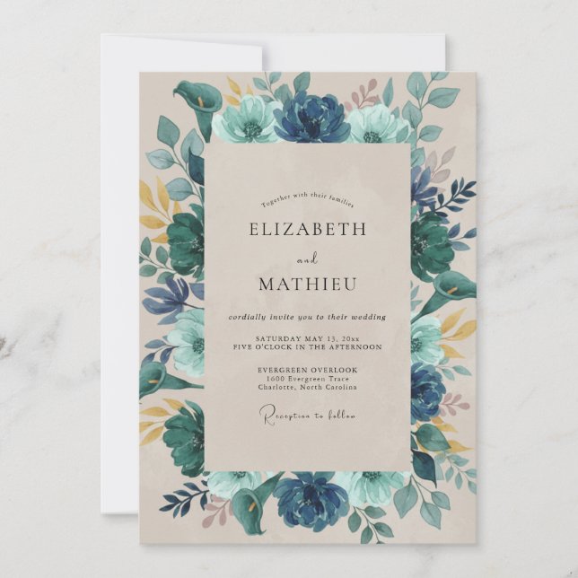 Convite Casamento de Peônia Indigo Slate (Frente)