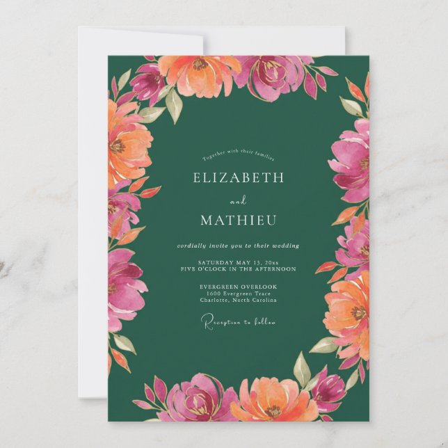 Convite Casamento de Peônia Laranja Magenta (Frente)
