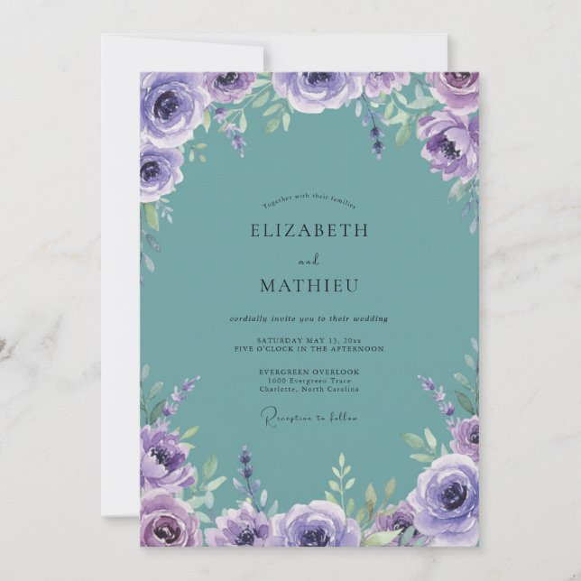 Convite Casamento de Peônia Lilás Aqua (Frente)