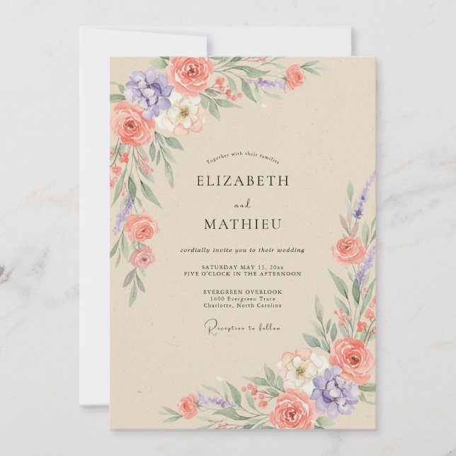 Convite Casamento de Peônia Lilás Coral (Frente)