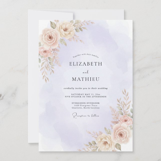 Convite Casamento de Peônia Lilás Dourada (Frente)