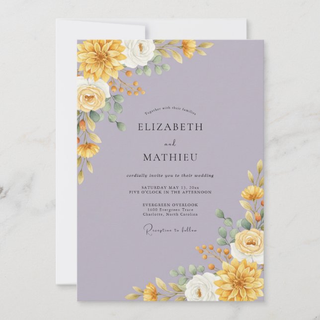 Convite Casamento de Peônia Lilás Dourada (Frente)