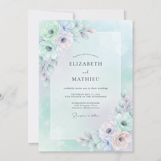 Convite Casamento de Peônia Lilás Espuma do Mar (Frente)