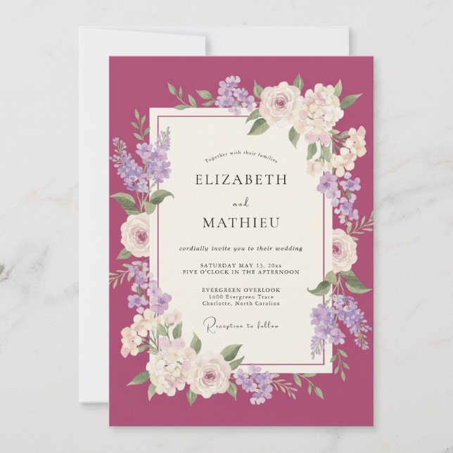 Convite Casamento de Peônia Lilás Magenta (Frente)